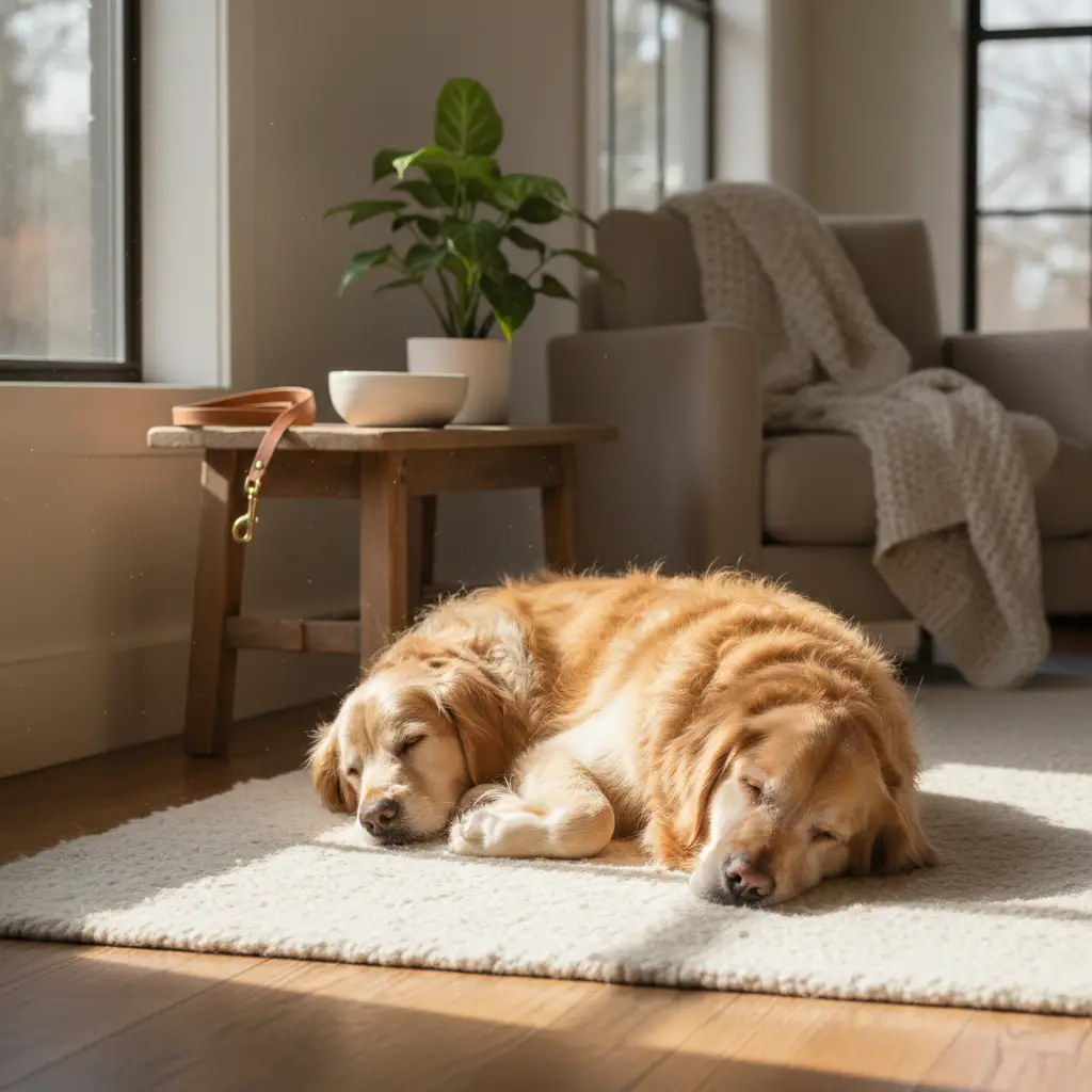 A golden retriever sleeps peacefully on a soft rug in a sunlit living room, serving as a reminder to watch for dog unhealthy at home signs.