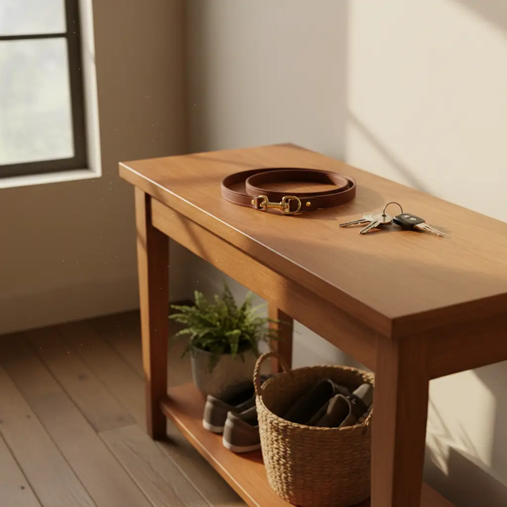A wooden console table in a bright entryway with a coiled leather leash and keys on top, illustrating how breed restrictions work legally rental for pet owners.