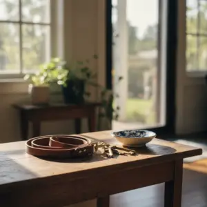 A brown leather leash and house keys sit on a wooden table to illustrate how much does a pet deposit cost for new renters.