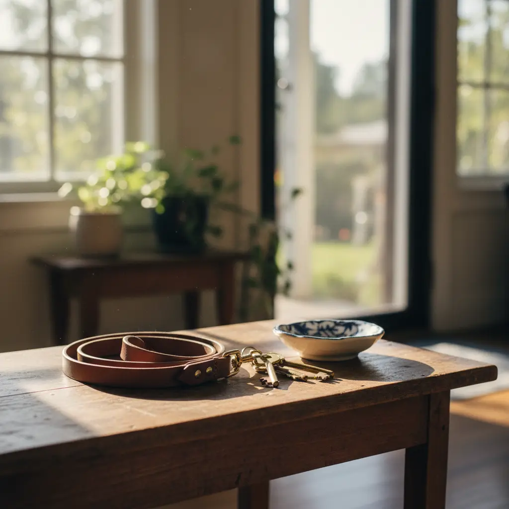 A brown leather leash and house keys sit on a wooden table to illustrate how much does a pet deposit cost for new renters.