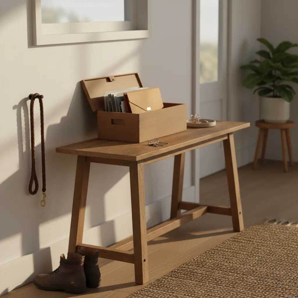 A wooden entryway table holding a storage box and keys next to a leash hanging on the wall, representing the importance of knowing how to appeal breed restriction landlord requirements.