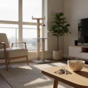 A sunlit living room with a cat tree and a small character-themed bowl on a coffee table, illustrating how to find cat-friendly apartments for pet owners.