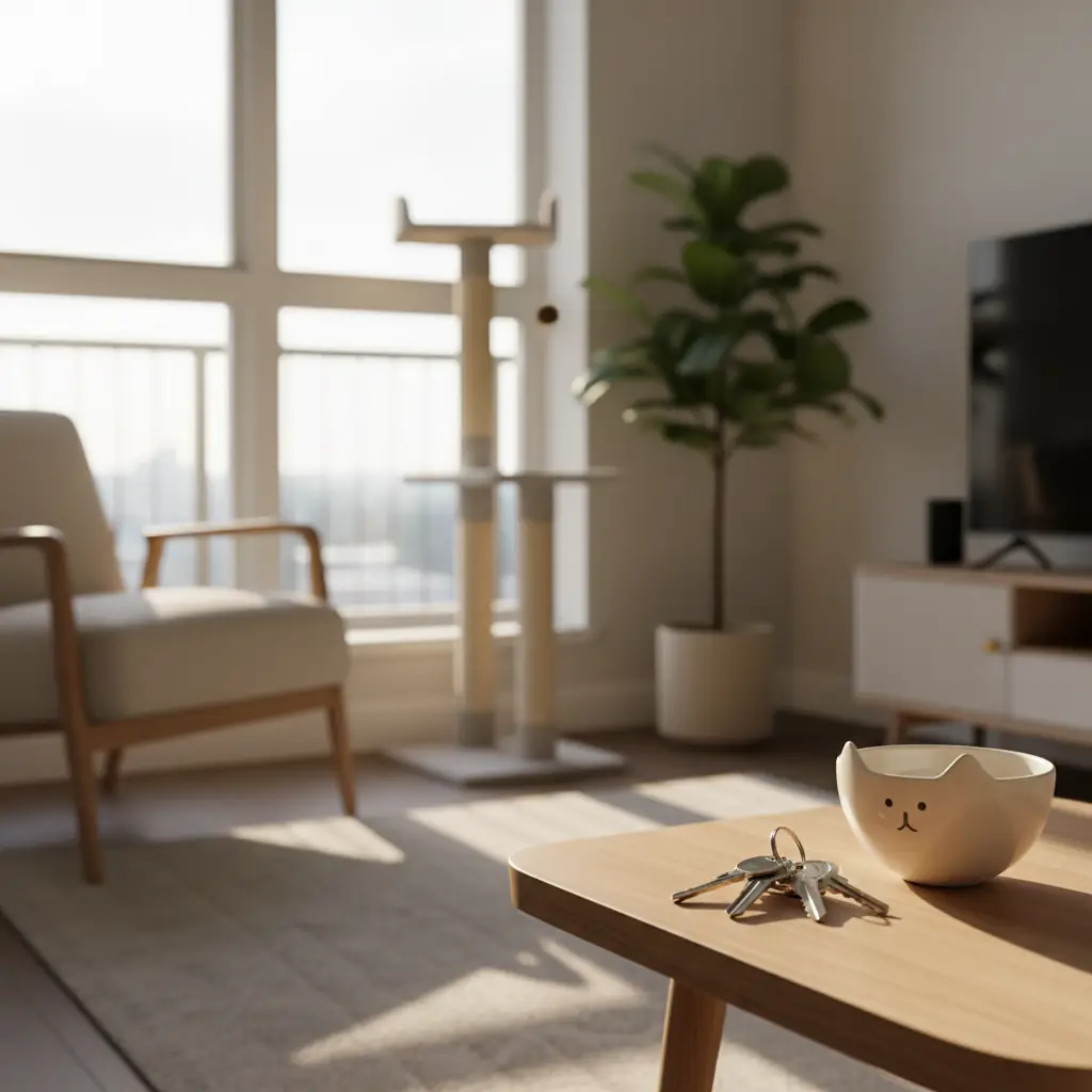 A sunlit living room with a cat tree and a small character-themed bowl on a coffee table, illustrating how to find cat-friendly apartments for pet owners.