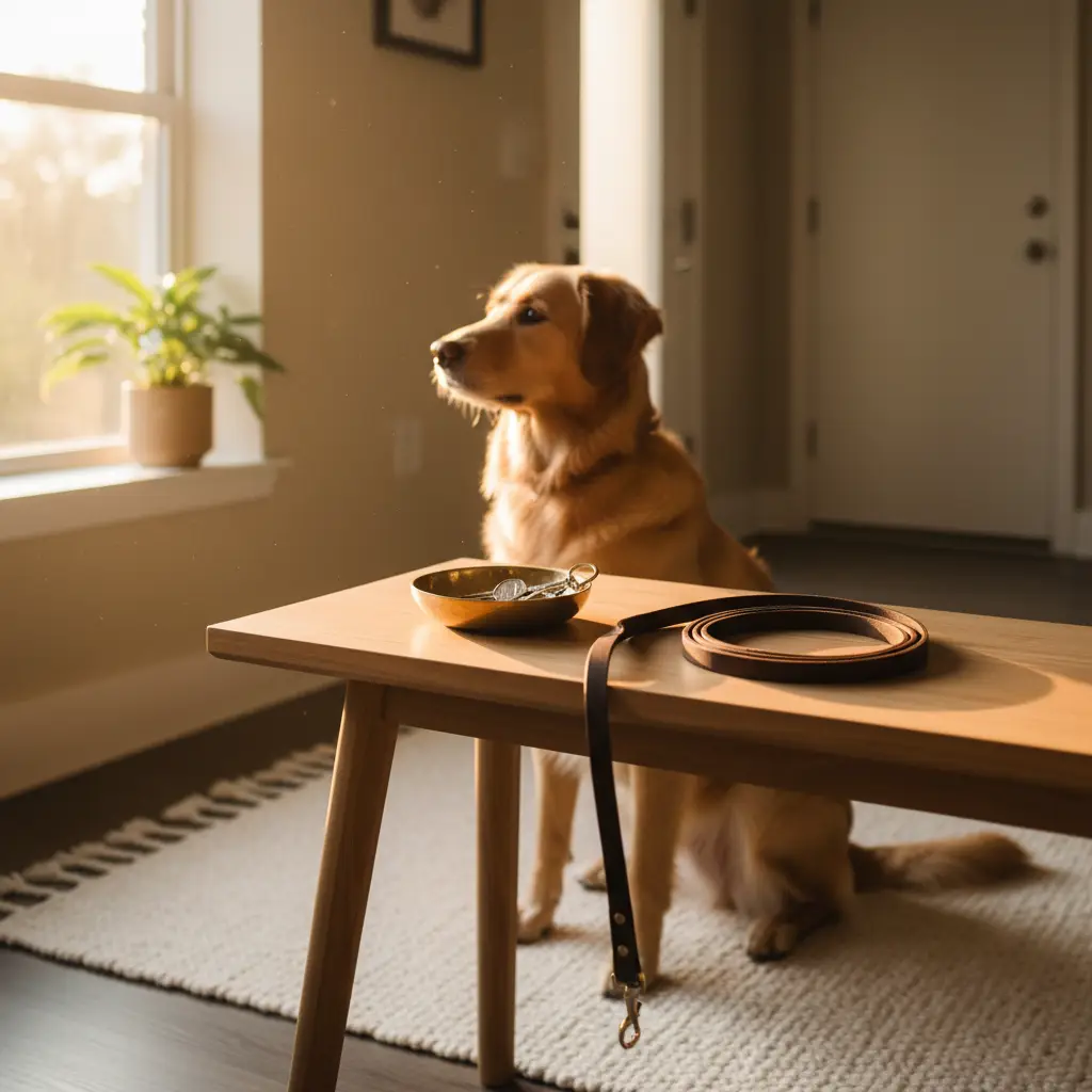 A golden retriever dog sits on a rug in a bright, sunlit room, with a dog leash and keys resting on a wooden table in the foreground, highlighting how to find pet-friendly apartments.