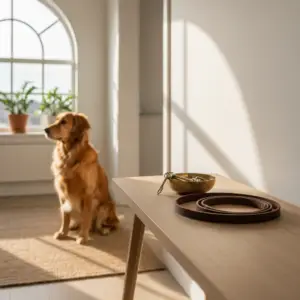 A golden retriever dog sits on a rug in a bright, sunlit room, with a dog leash and keys resting on a wooden table in the foreground, highlighting how to find pet-friendly apartments.