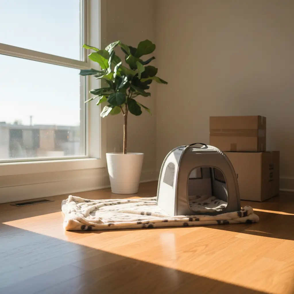 A pet carrier sits on a soft blanket near a potted plant and cardboard moving boxes in a sunlit room, illustrating how to introduce cat to new rental apartment life.