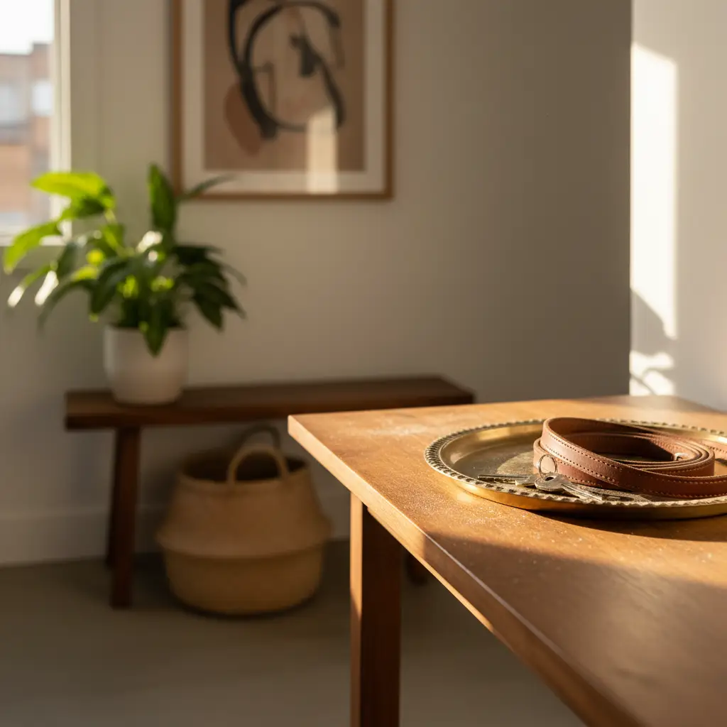A leather leash and keys resting on a brass tray on a wooden table, illustrating a situation where a tenant might ask if is a pet deposit refundable.