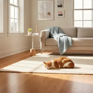 A ginger and white tabby cat sleeps on a beige rug in a sunlit living room, illustrating helpful tips to keep apartment clean with cat.