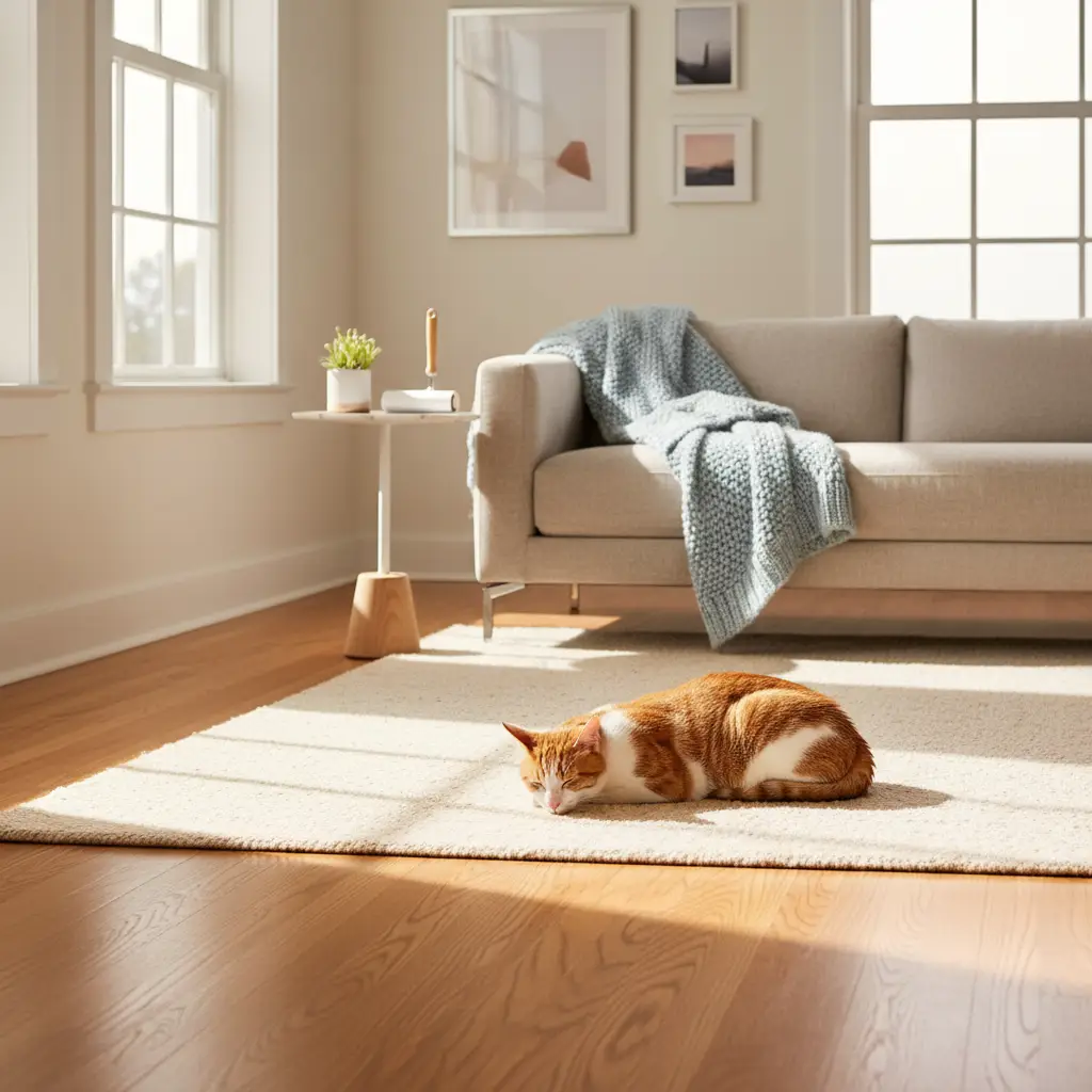 A ginger and white tabby cat sleeps on a beige rug in a sunlit living room, illustrating helpful tips to keep apartment clean with cat.