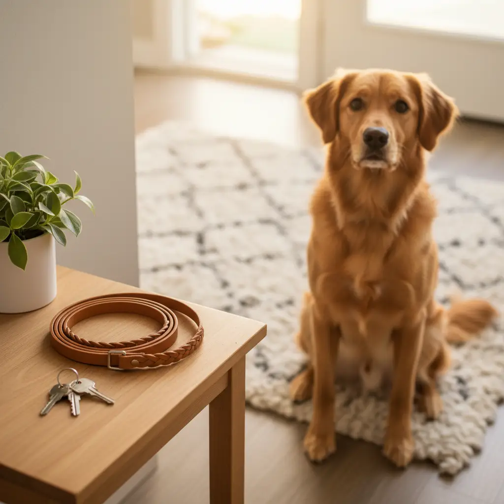A golden retriever sits on a rug in an entryway next to a table with keys and a leash, highlighting the importance of knowing how to negotiate pet fee landlord policies.