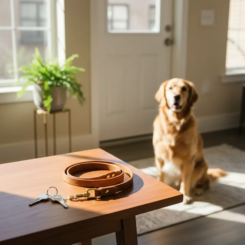 A leather leash and keys sit on a wooden table with a golden retriever blurred in the background of one of our no breed restriction apartments.