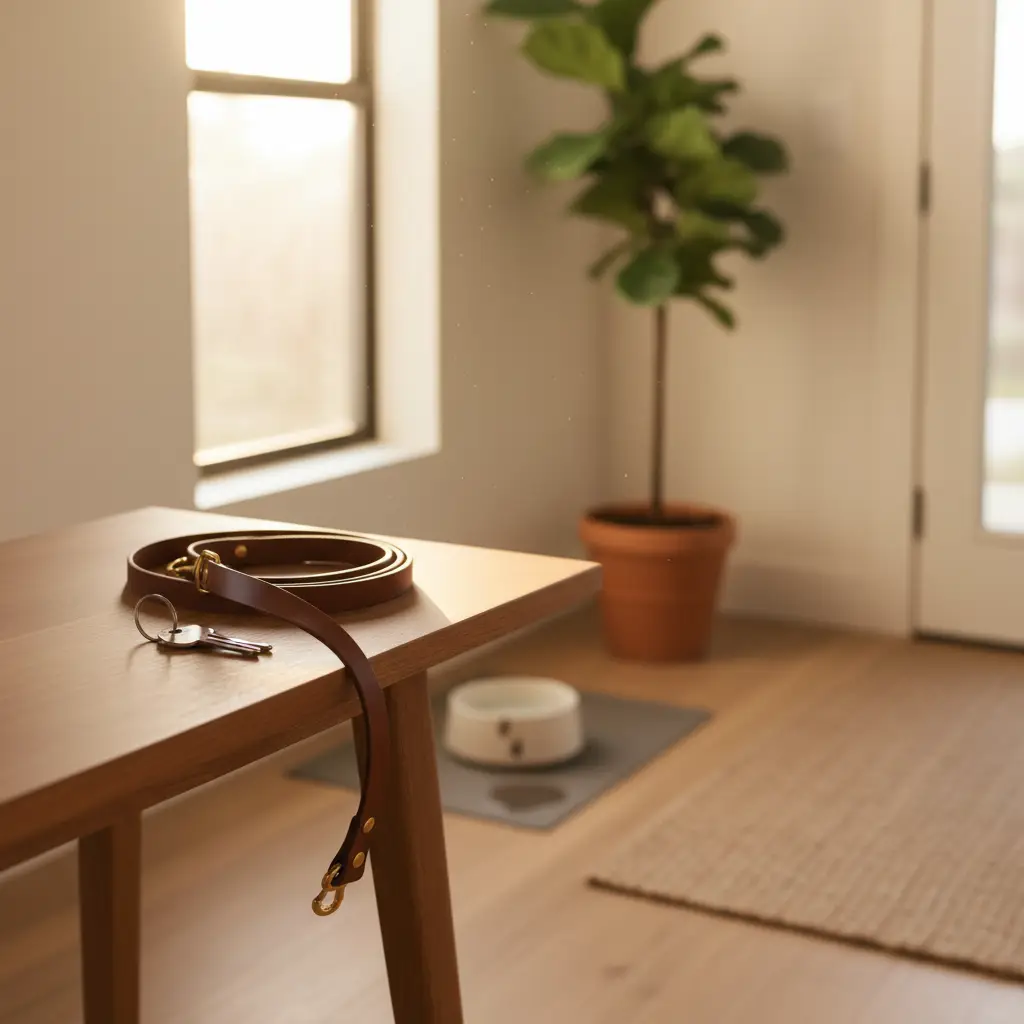 A leather leash and house keys sit on a minimalist wooden table in a sunlit entryway, signifying the importance of a pet deposit.
