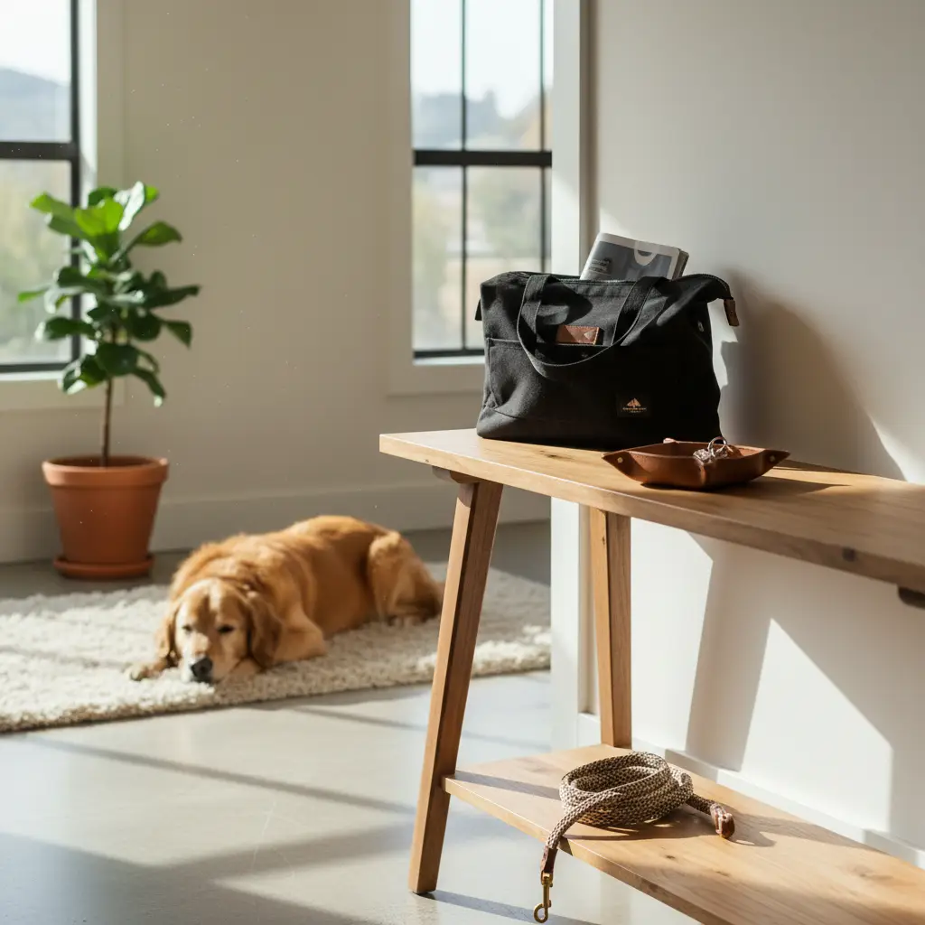 A black bag and a dog leash sit on a wooden entry table near a sunlit window where a golden retriever rests on a rug, demonstrating a comfortable space to prepare dog for being alone.