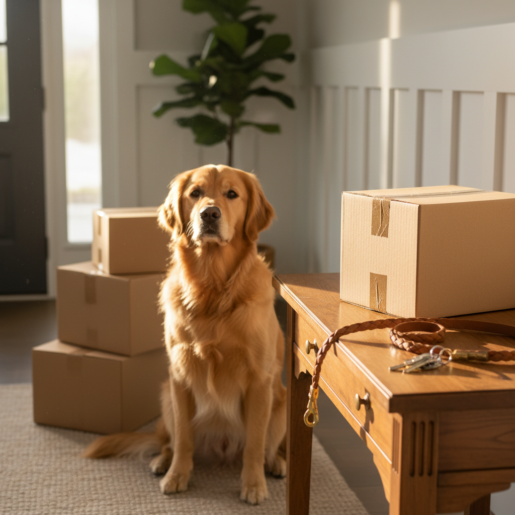A golden retriever sitting on the floor in a sunlit living room surrounded by cardboard boxes to prepare dog for moving.