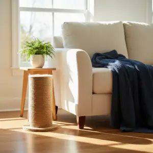 A natural jute sisal scratching post sits on the floor beside a light beige couch in a sunlit living room to help prevent cat damage rental property fixtures.