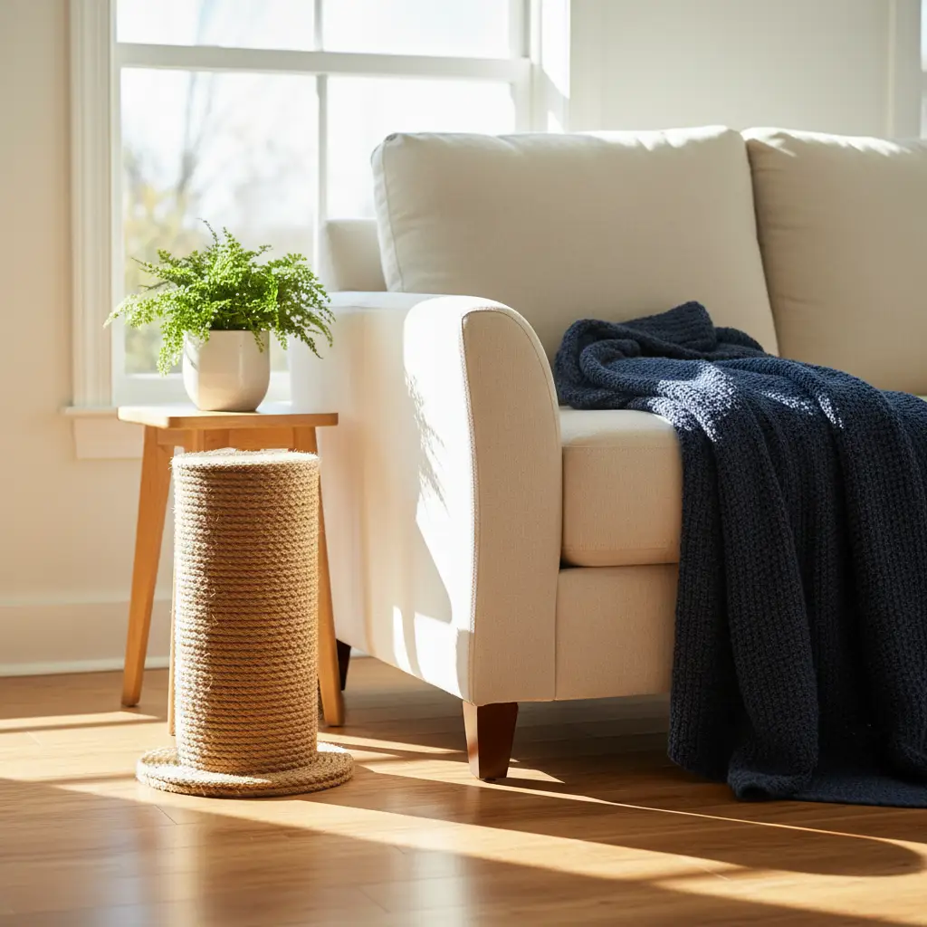 A natural jute sisal scratching post sits on the floor beside a light beige couch in a sunlit living room to help prevent cat damage rental property fixtures.