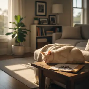 A light-colored cat sleeping on a wooden table beside keys on a document in a bright living room, illustrating the experience of renting with cats.
