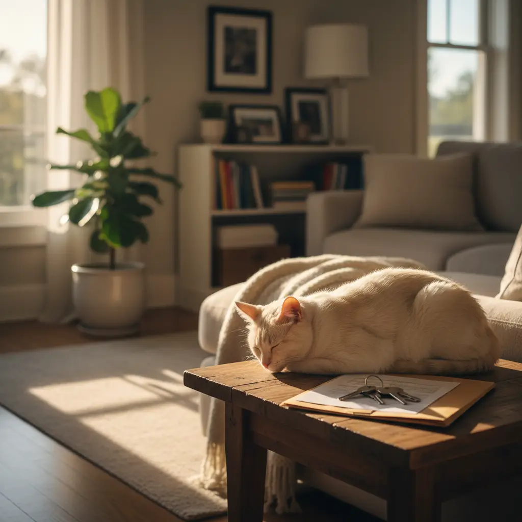 A light-colored cat sleeping on a wooden table beside keys on a document in a bright living room, illustrating the experience of renting with cats.