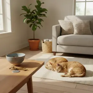 Two orange tabby cats sleeping peacefully on a rug in a bright living room, representing the lifestyle of renting with multiple cats apartment dwellers.