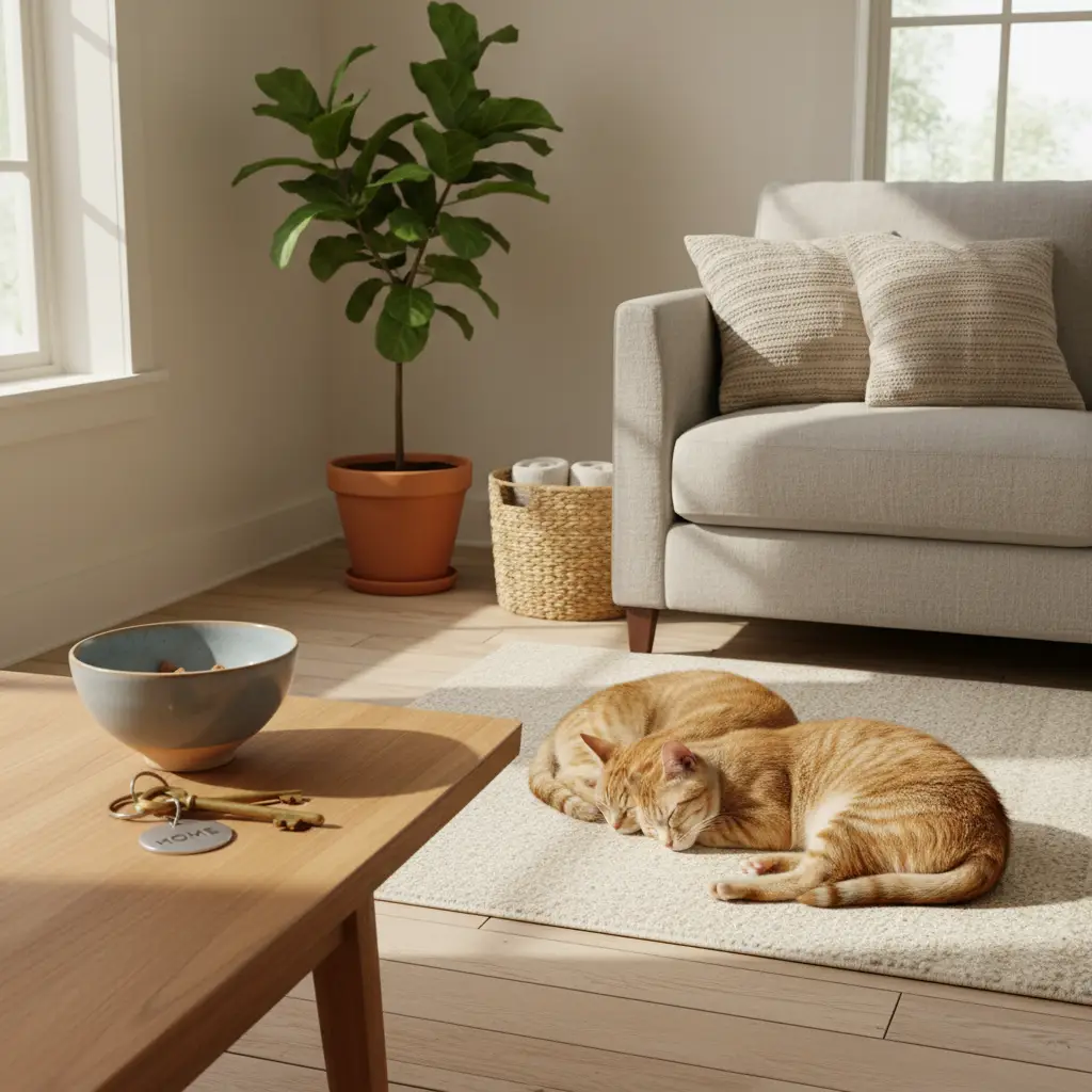 Two orange tabby cats sleeping peacefully on a rug in a bright living room, representing the lifestyle of renting with multiple cats apartment dwellers.