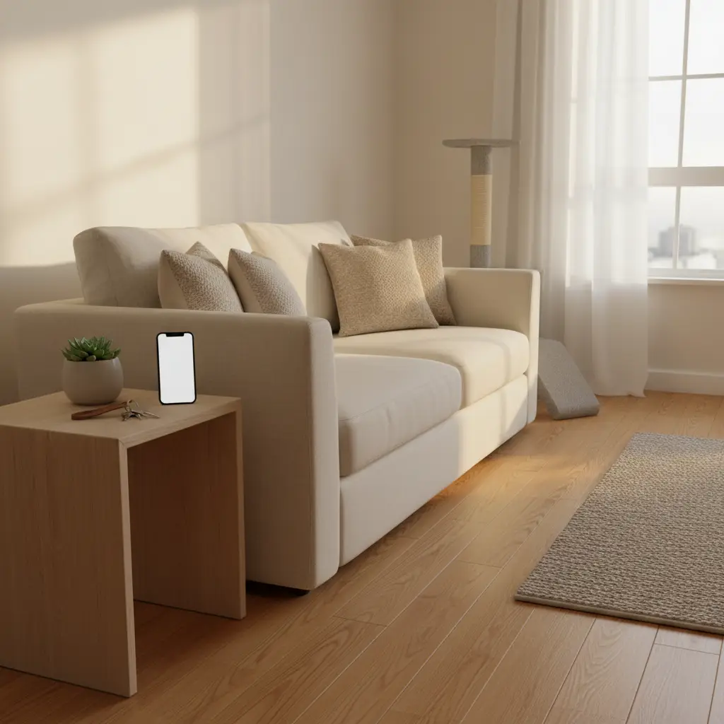 A bright, modern living room featuring a cozy beige sofa, a small side table with a succulent, and a cat tree, highlighting the importance of preventing security deposit cat damage.