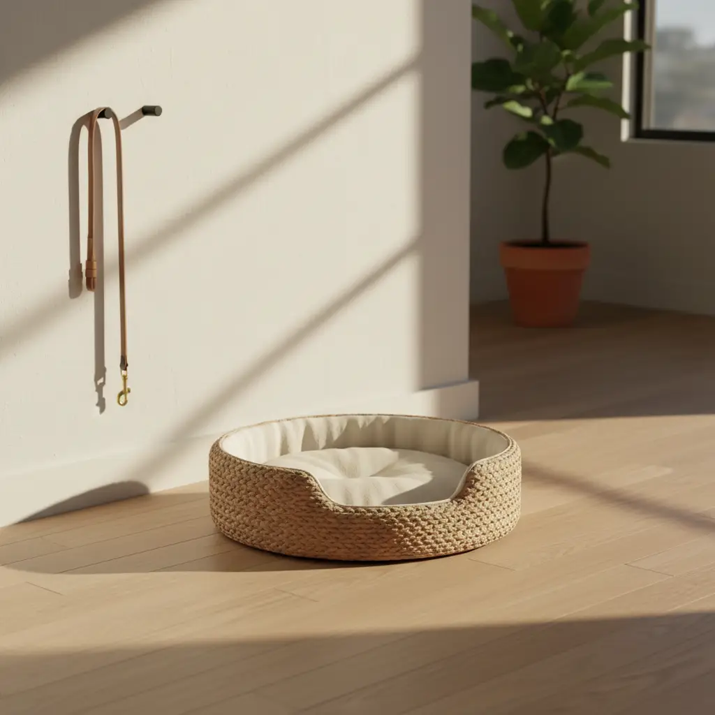 A cozy woven dog bed sits on a light wooden floor in a sunlit room, serving as a key item for what to buy before getting a dog.
