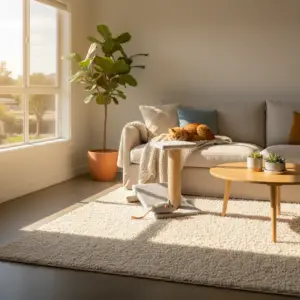 A sunlit living room with a ginger cat resting on a neutral sofa next to a small sisal scratching post and toy mouse, representing the best cat toys for indoor cats.