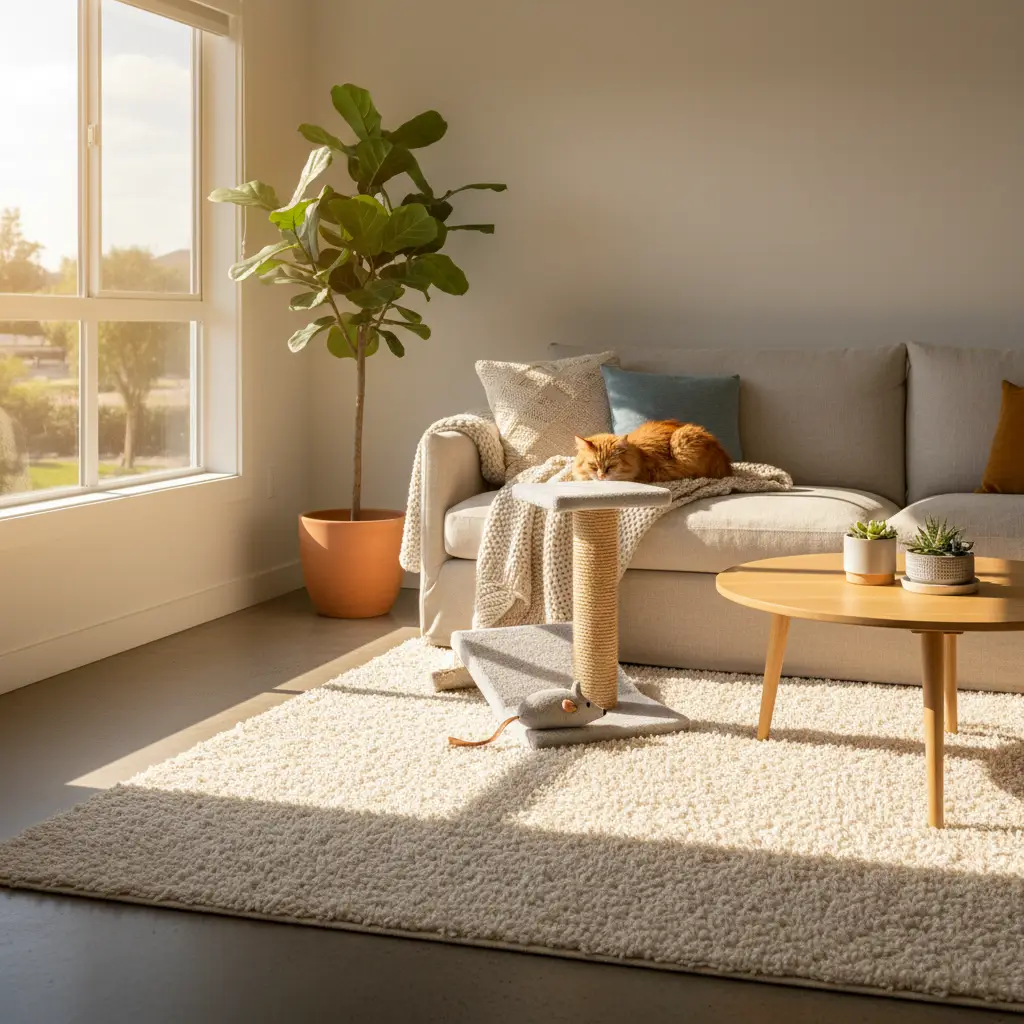 A sunlit living room with a ginger cat resting on a neutral sofa next to a small sisal scratching post and toy mouse, representing the best cat toys for indoor cats.
