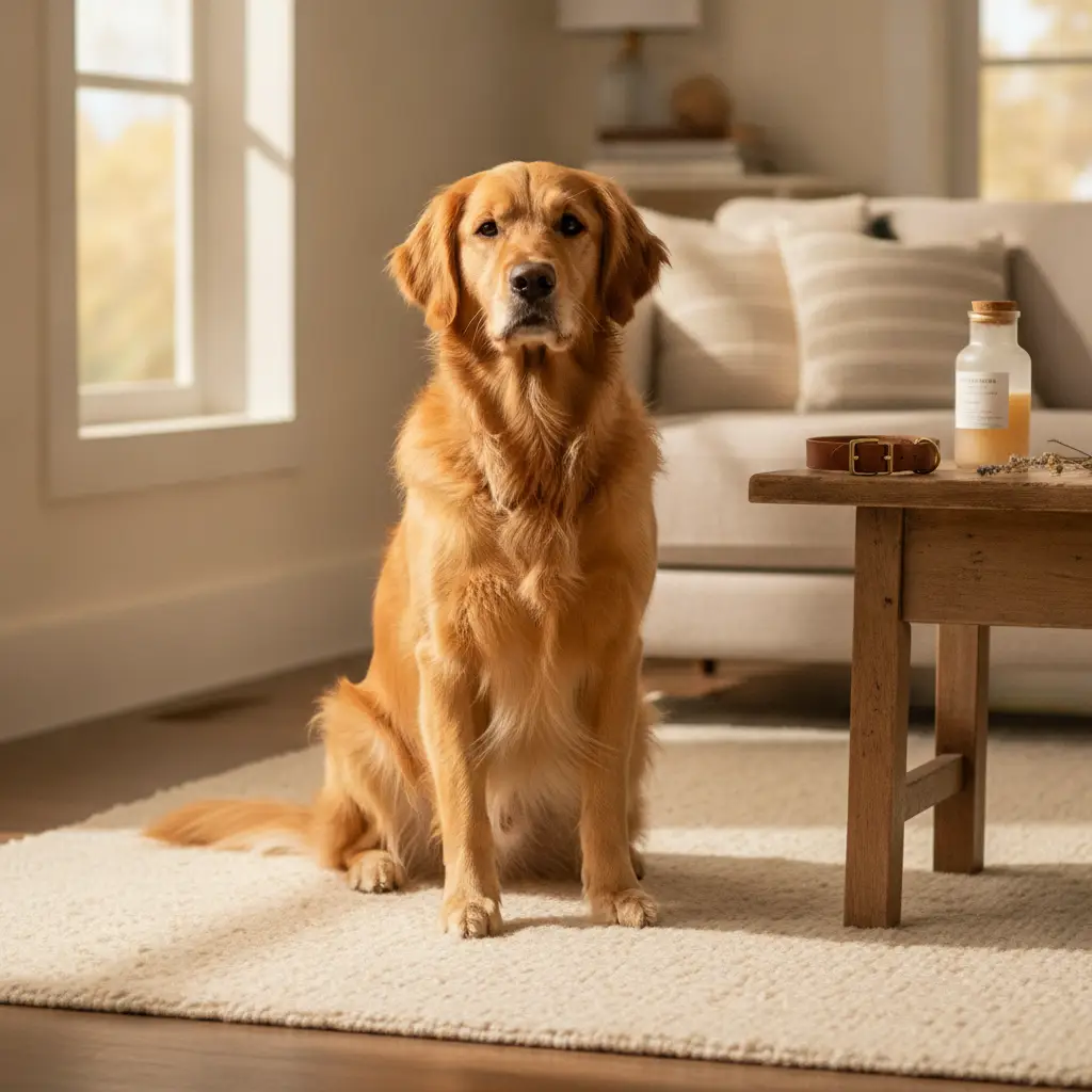 A golden retriever sitting on a white rug in a cozy living room, illustrating the importance of using the best flea treatment for dogs.