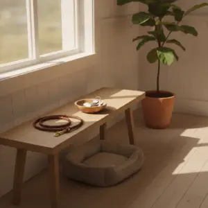 A minimalist entryway with a wooden bench, a dog leash, and a cozy pet bed, serving as a visual reference for questions about whether a can landlord charge pet deposit service animal ESA.