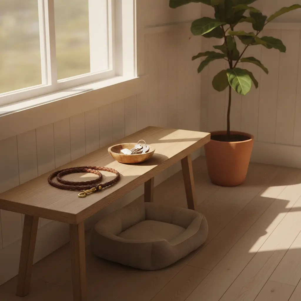 A minimalist entryway with a wooden bench, a dog leash, and a cozy pet bed, serving as a visual reference for questions about whether a can landlord charge pet deposit service animal ESA.