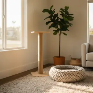 A modern cat scratching post stands on a cozy rug next to a soft pet bed and a large potted plant, illustrating a solution for cat destructive behavior indoors.