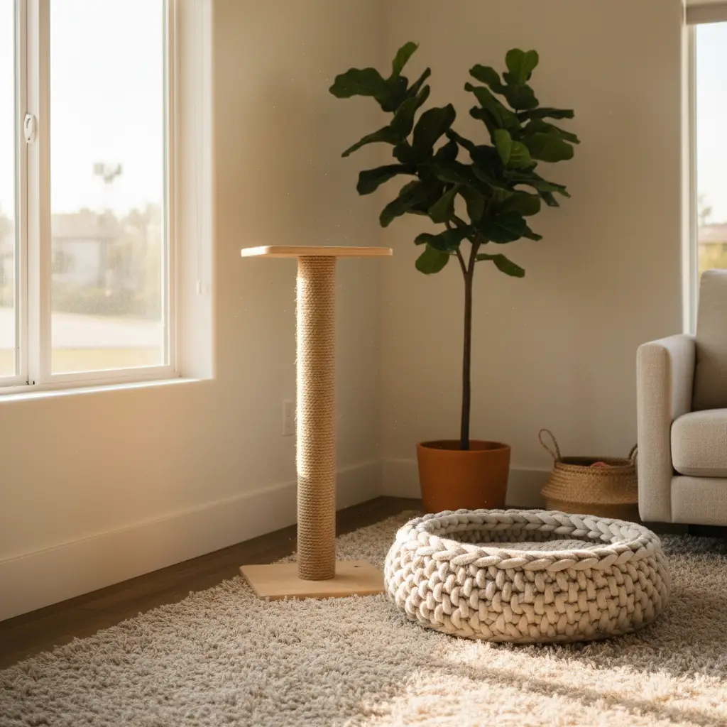 A modern cat scratching post stands on a cozy rug next to a soft pet bed and a large potted plant, illustrating a solution for cat destructive behavior indoors.