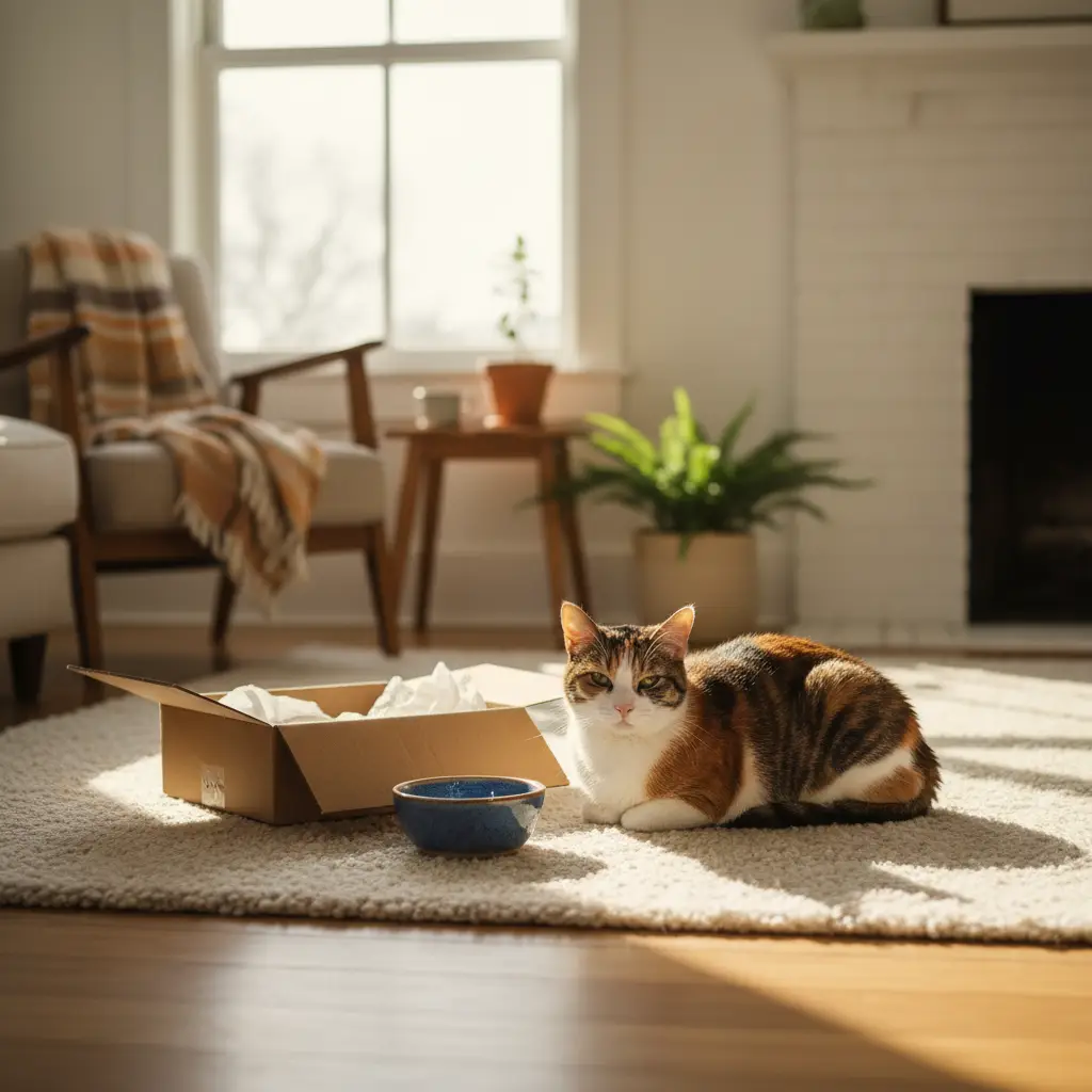 A calico cat sitting on a rug next to an open cardboard box and a bowl, illustrating the concept of cat stress new home in a bright living room.
