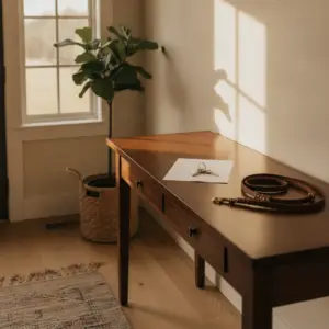 A wooden desk in a sunlit room holds a set of keys and a leather leash placed on top of documentation rent with ESA.