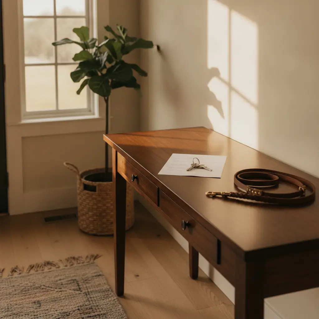 A wooden desk in a sunlit room holds a set of keys and a leather leash placed on top of documentation rent with ESA.