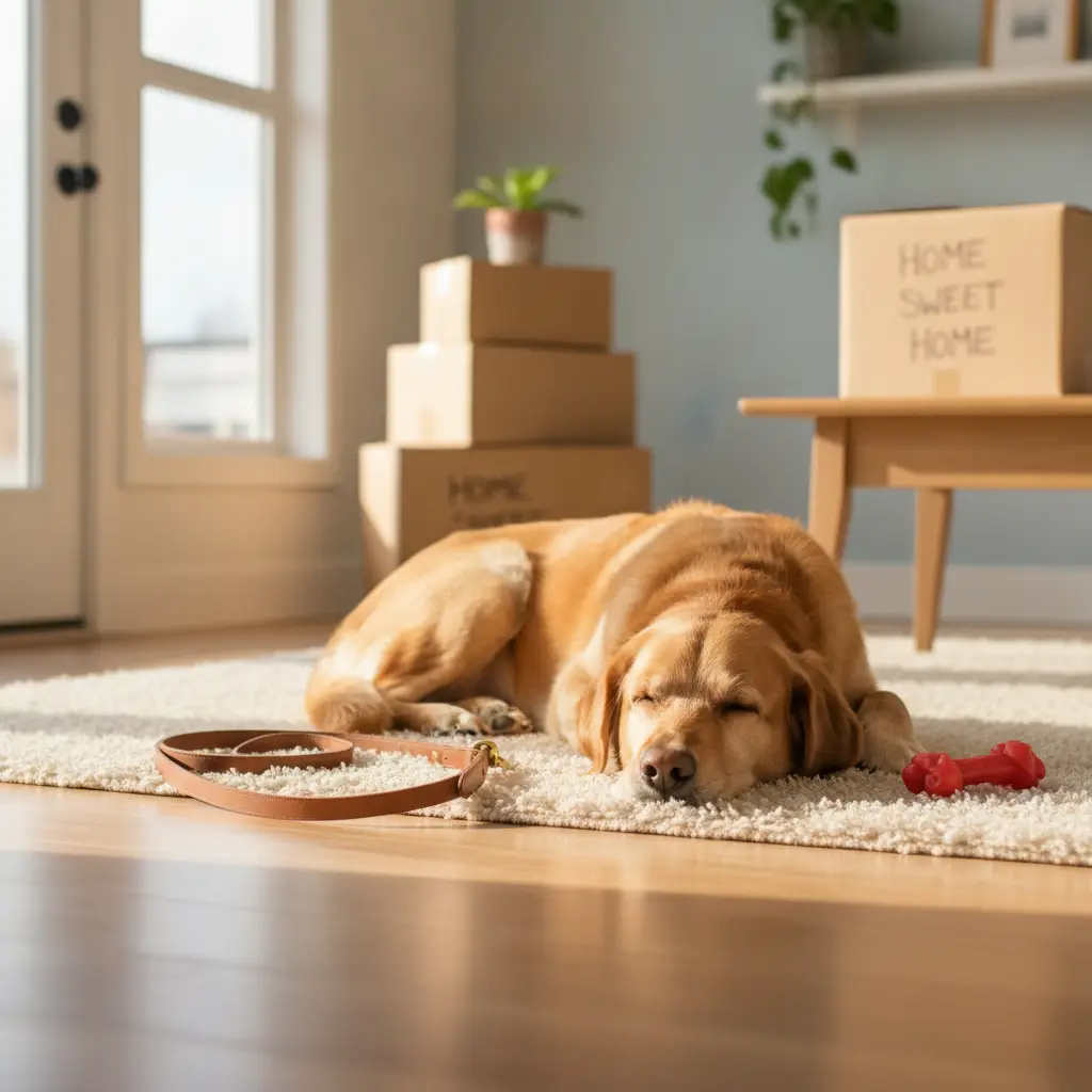 A golden retriever sleeping peacefully on a fluffy rug next to a red toy and moving boxes, representing a dog acting weird after moving.