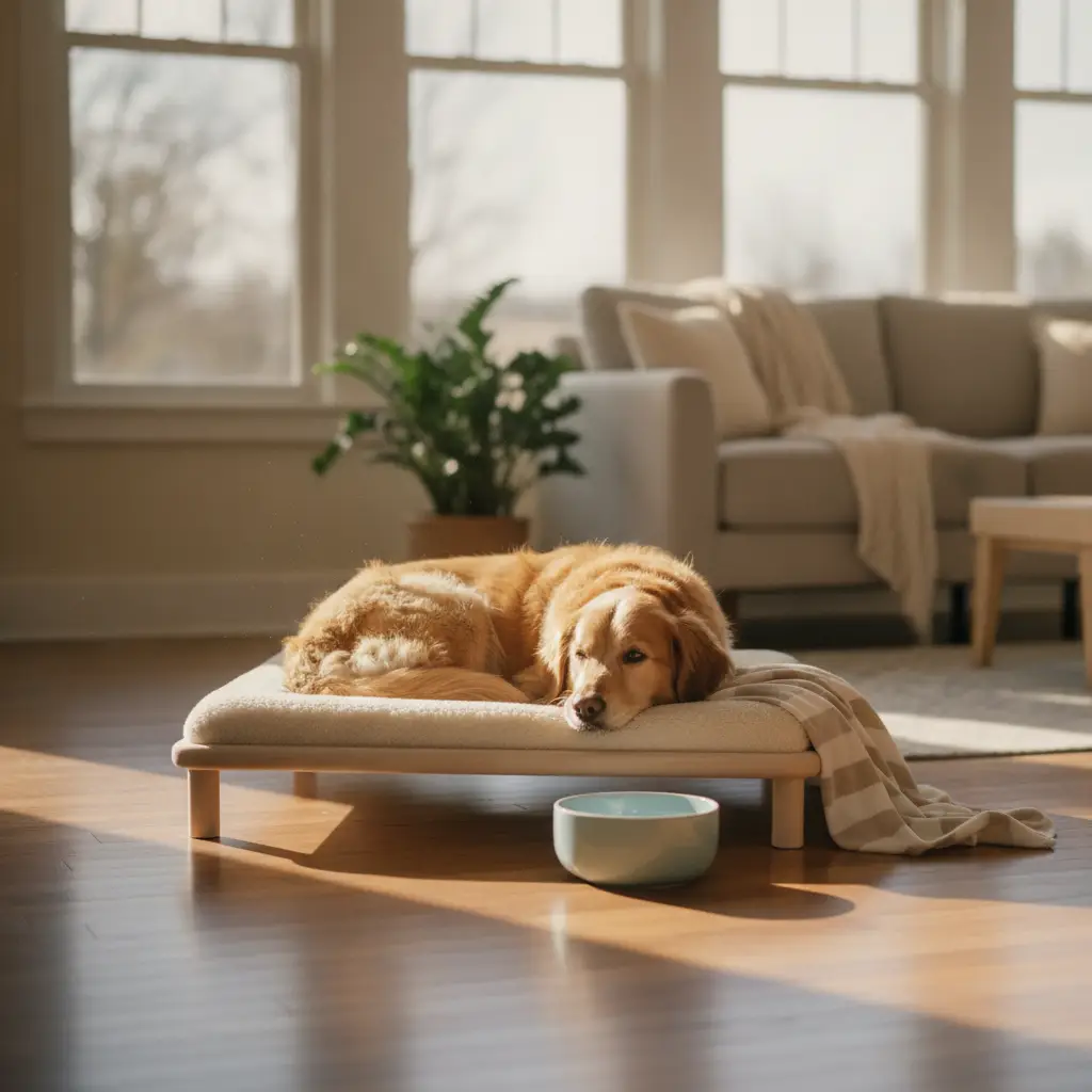 A golden retriever lies curled up on a raised pet bed in a sunlit living room with a water bowl nearby, illustrating the comfort provided during a dog allergy treatment.