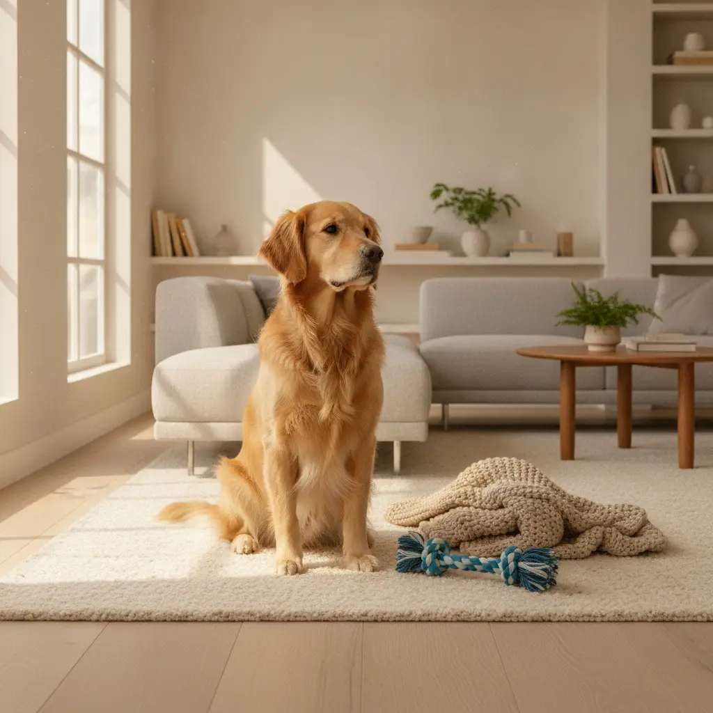 A golden retriever sitting on a white rug in a sunlit living room with a rope toy nearby, which can help redirect a dog destroying things at home.