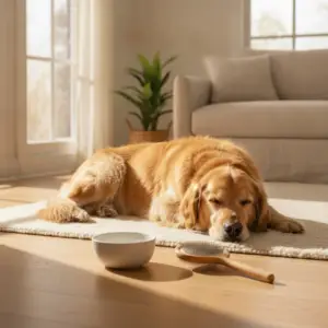 A golden retriever lying on a rug next to a water bowl and grooming brush, representing common concerns regarding dog itching at home.