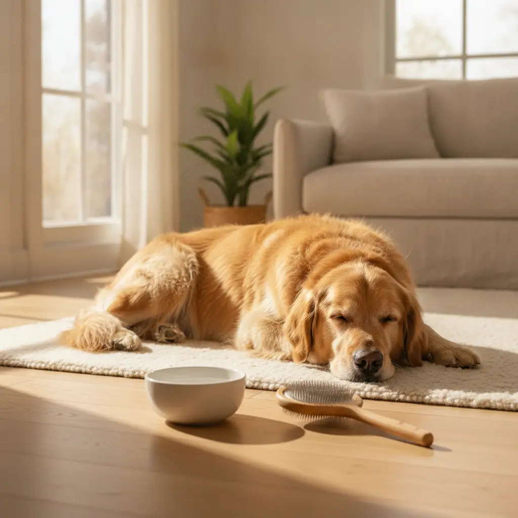 A golden retriever lying on a rug next to a water bowl and grooming brush, representing common concerns regarding dog itching at home.