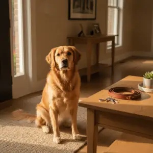 A golden retriever sitting on a rug by a wooden table with keys and a leash as people learn about the ESA vs pet rental difference.