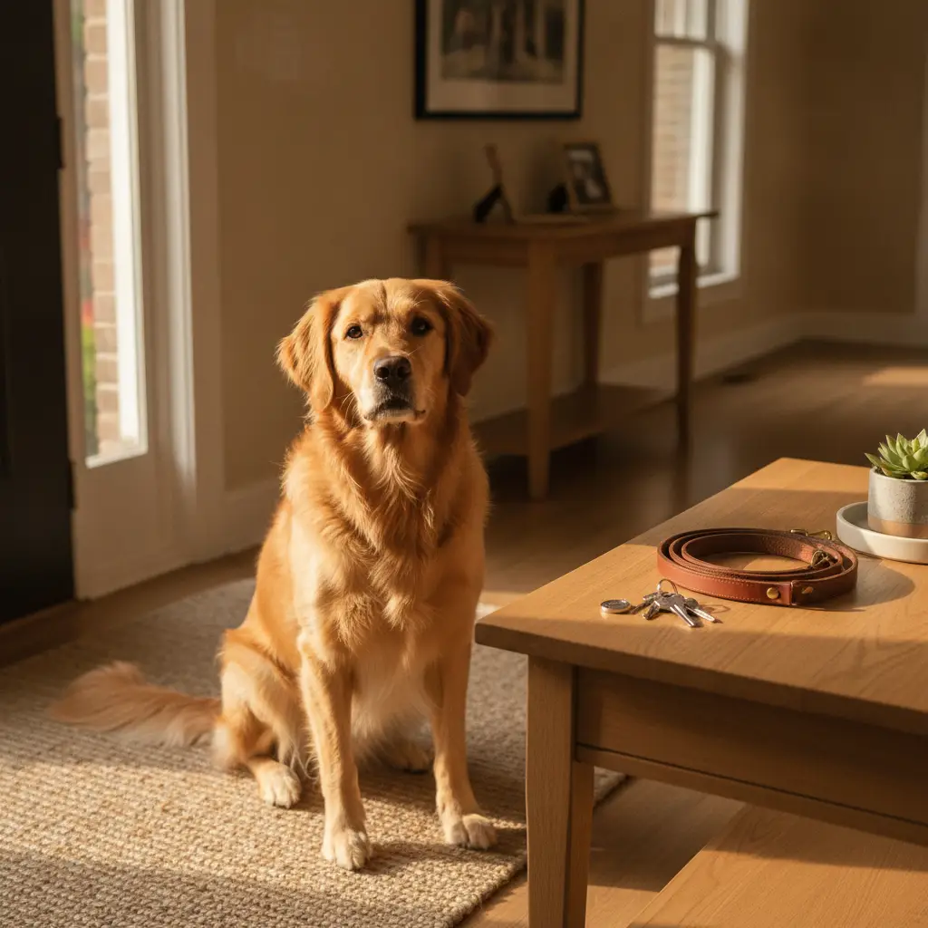A golden retriever sitting on a rug by a wooden table with keys and a leash as people learn about the ESA vs pet rental difference.