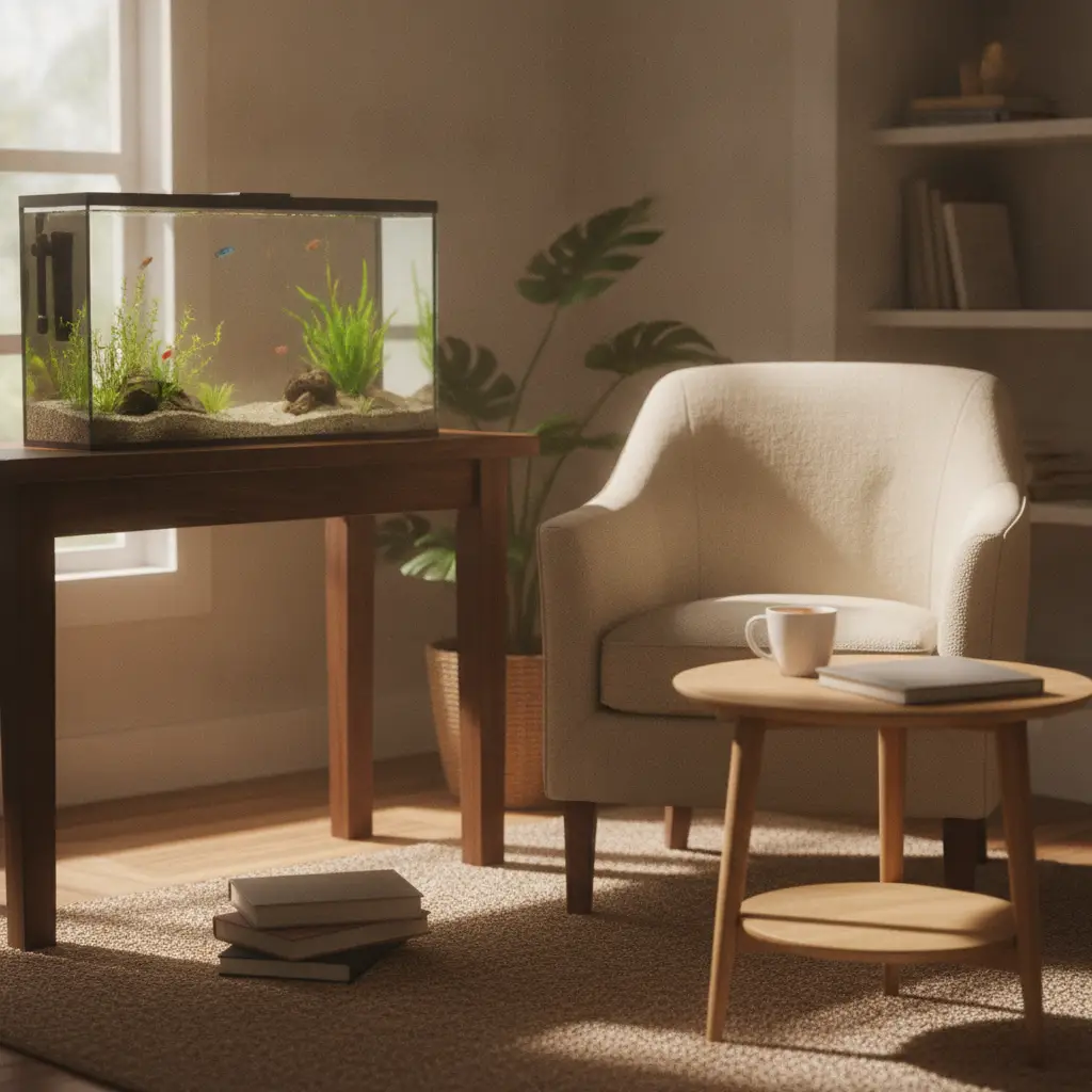 A cozy apartment living room with a small fish tank on a wooden table, illustrating typical fish tank apartment rules for residents.