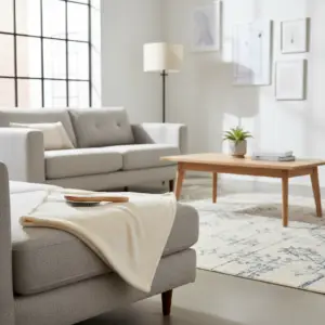A light-colored blanket and a grooming brush sit on a grey sofa in a sunlit living room, which is part of an effective fleas at home treatment strategy.
