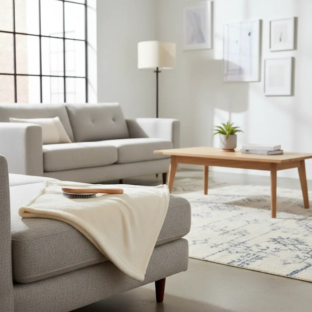 A light-colored blanket and a grooming brush sit on a grey sofa in a sunlit living room, which is part of an effective fleas at home treatment strategy.