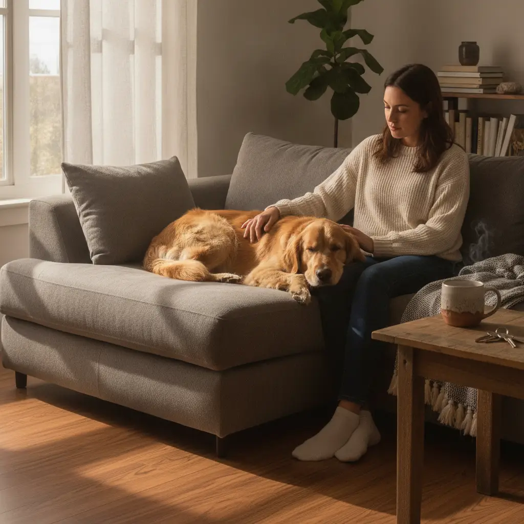 A young woman sits on a cozy gray couch stroking her sleeping golden retriever while she researches how to get ESA letter for housing.