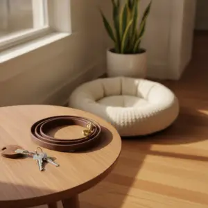 A brown leather dog leash and house keys on a wooden table next to a pet bed, showing what living with pets in your rental looks like.