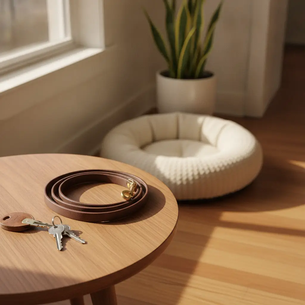 A brown leather dog leash and house keys on a wooden table next to a pet bed, showing what living with pets in your rental looks like.