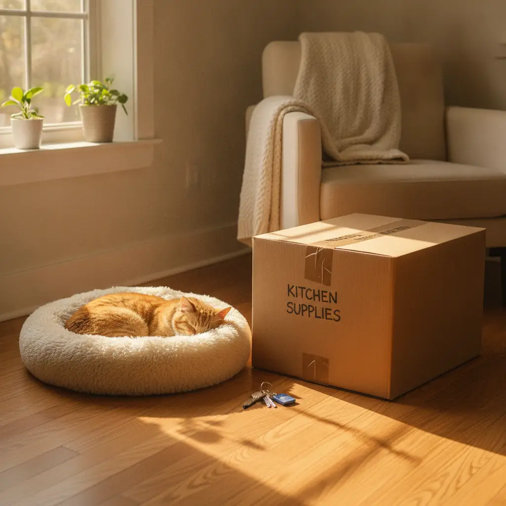 A ginger cat sleeps peacefully in a soft, round pet bed next to a cardboard box labeled kitchen supplies, illustrating helpful moving with a cat tips for homeowners.